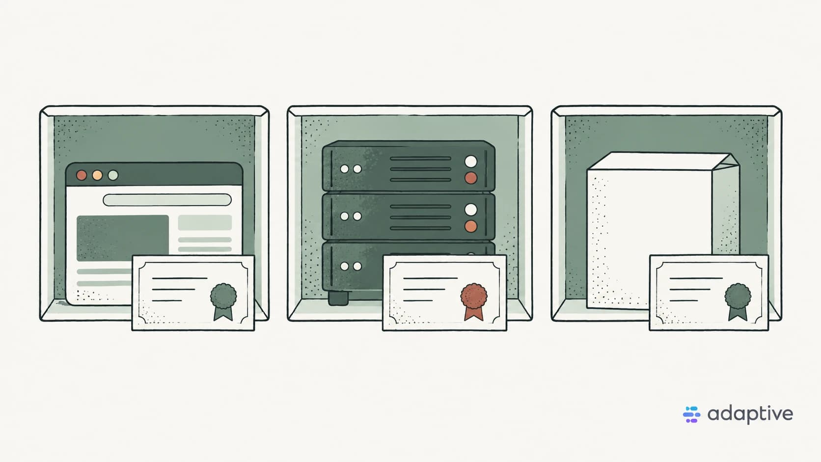 Editorial illustration of separate browser, operating-system, and application environments, each with its own certificate store.