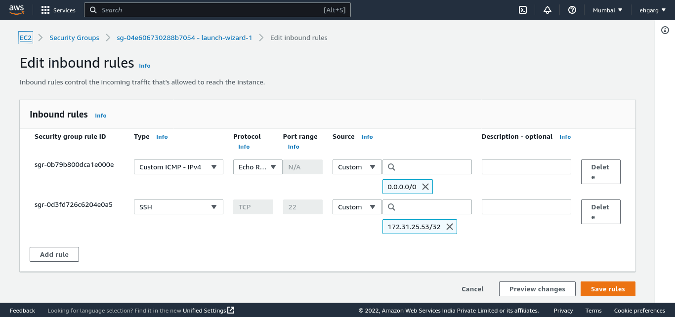 Edit inbound rules for servers